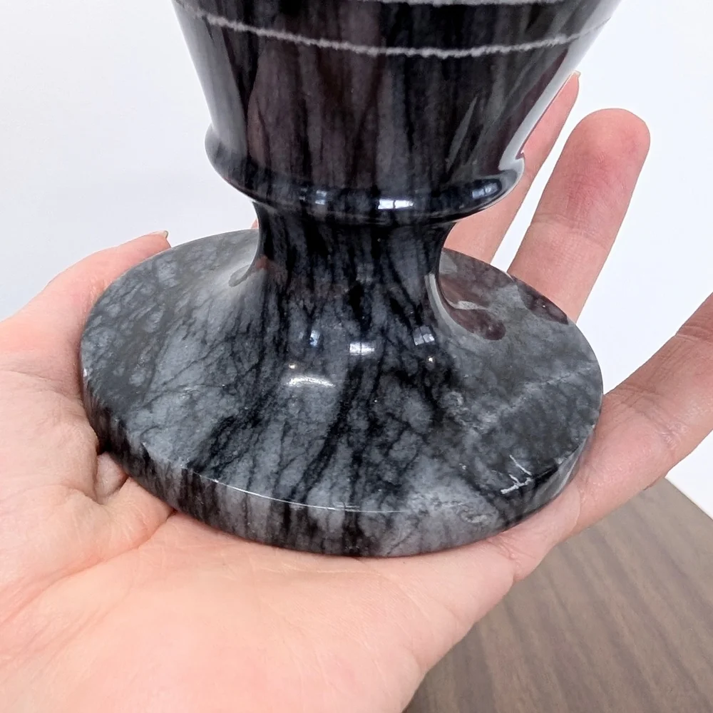 Pair Of Black & Gray Quartz Vained Marble Floral Etched Footed Vases Solid Stone